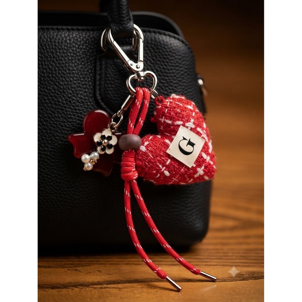 Full Tilt Red Tweed Heart Bow Flower Bag Charm Keyring G Initial Faux Pearl NWT
